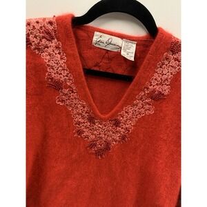Vintage 80s Eddie Dassin Angora & Acrylic Red Sweater MED Embroidered Vneck